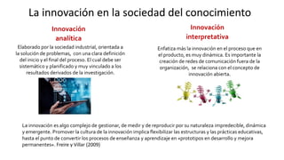 La innovación en la sociedad del conocimiento
Innovación
analítica
Innovación
interpretativa
Elaborado por la sociedad industrial, orientada a
la solución de problemas, con una clara definición
del inicio y el final del proceso. El cual debe ser
sistemático y planificado y muy vinculado a los
resultados derivados de la investigación.
Enfatiza más la innovación en el proceso que en
el producto, es muy dinámica. Es importante la
creación de redes de comunicación fuera de la
organización, se relaciona con el concepto de
innovación abierta.
La innovación es algo complejo de gestionar, de medir y de reproducir por su naturaleza impredecible, dinámica
y emergente. Promover la cultura de la innovación implica flexibilizar las estructuras y las prácticas educativas,
hasta el punto de convertir los procesos de enseñanza y aprendizaje en «prototipos en desarrollo y mejora
permanentes». Freire y Villar (2009)
 