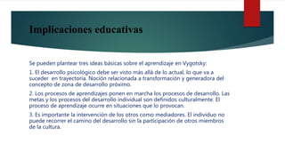 Implicaciones educativas
Se pueden plantear tres ideas básicas sobre el aprendizaje en Vygotsky:
1. El desarrollo psicológico debe ser visto más allá de lo actual, lo que va a
suceder en trayectoria. Noción relacionada a transformación y generadora del
concepto de zona de desarrollo próximo.
2. Los procesos de aprendizajes ponen en marcha los procesos de desarrollo. Las
metas y los procesos del desarrollo individual son definidos culturalmente. El
proceso de aprendizaje ocurre en situaciones que lo provocan.
3. Es importante la intervención de los otros como mediadores. El individuo no
puede recorrer el camino del desarrollo sin la participación de otros miembros
de la cultura.
 