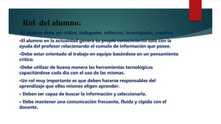 Rol del alumno:
•El alumno debe ser crítico, indagador, reflexivo, investigador, creativo.
•El alumno en la actualidad genera su propio conocimiento solo con la
ayuda del profesor relacionando el cumulo de información que posee.
•Debe estar orientado al trabajo en equipo basándose en un pensamiento
crítico.
•Debe utilizar de buena manera las herramientas tecnológicas
capacitándose cada día con el uso de las mismas.
•Un rol muy importante es que deben hacerse responsables del
aprendizaje que ellos mismos eligen aprender.
• Deben ser capaz de buscar la información y seleccionarla.
• Debe mantener una comunicación frecuente, fluida y rápida con el
docente.
 