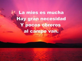 La mies es mucha Hay gran necesidad Y pocos obreros  al campo van. 