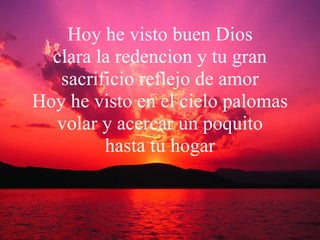 Hoy he visto buen Dios clara la redencion y tu gran sacrificio reflejo de amor Hoy he visto en el cielo palomas volar y acercar un poquito hasta tu hogar   