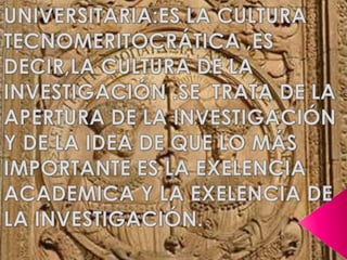 UNIVERSITARIA:ES LA CULTURA TECNOMERITOCRÁTICA ,ES DECIR,LA CULTURA DE LA INVESTIGACIÓN .SE  TRATA DE LA APERTURA DE LA INVESTIGACIÓN Y DE LA IDEA DE QUE LO MÁS IMPORTANTE ES LA EXELENCIA ACADEMICA Y LA EXELENCIA DE LA INVESTIGACIÓN. 