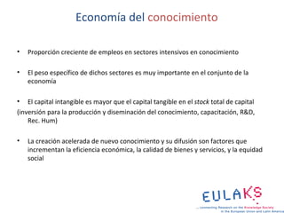 Economía del conocimiento

•   Proporción creciente de empleos en sectores intensivos en conocimiento

•   El peso específico de dichos sectores es muy importante en el conjunto de la
    economía

• El capital intangible es mayor que el capital tangible en el stock total de capital
(inversión para la producción y diseminación del conocimiento, capacitación, R&D,
    Rec. Hum)

•   La creación acelerada de nuevo conocimiento y su difusión son factores que
    incrementan la eficiencia económica, la calidad de bienes y servicios, y la equidad
    social
 