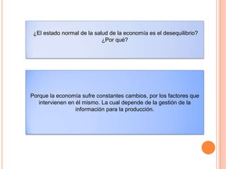 ¿El estado normal de la salud de la economía es el desequilibrio?
¿Por qué?
Porque la economía sufre constantes cambios, por los factores que
intervienen en él mismo. La cual depende de la gestión de la
información para la producción.
 