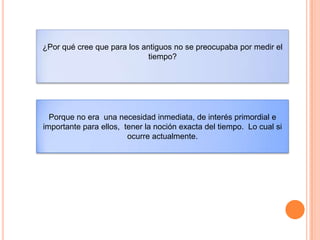 ¿Por qué cree que para los antiguos no se preocupaba por medir el
tiempo?
Porque no era una necesidad inmediata, de interés primordial e
importante para ellos, tener la noción exacta del tiempo. Lo cual si
ocurre actualmente.
 