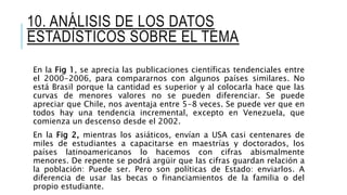 10. ANÁLISIS DE LOS DATOS
ESTADÍSTICOS SOBRE EL TEMA
En la Fig 1, se aprecia las publicaciones científicas tendenciales entre
el 2000-2006, para compararnos con algunos países similares. No
está Brasil porque la cantidad es superior y al colocarla hace que las
curvas de menores valores no se pueden diferenciar. Se puede
apreciar que Chile, nos aventaja entre 5-8 veces. Se puede ver que en
todos hay una tendencia incremental, excepto en Venezuela, que
comienza un descenso desde el 2002.
En la Fig 2, mientras los asiáticos, envían a USA casi centenares de
miles de estudiantes a capacitarse en maestrías y doctorados, los
países latinoamericanos lo hacemos con cifras abismalmente
menores. De repente se podrá argüir que las cifras guardan relación a
la población: Puede ser. Pero son políticas de Estado: enviarlos. A
diferencia de usar las becas o financiamientos de la familia o del
propio estudiante.
 