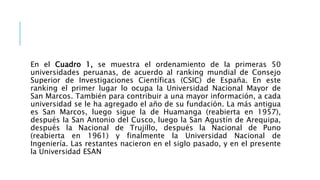 En el Cuadro 1, se muestra el ordenamiento de la primeras 50
universidades peruanas, de acuerdo al ranking mundial de Consejo
Superior de Investigaciones Científicas (CSIC) de España. En este
ranking el primer lugar lo ocupa la Universidad Nacional Mayor de
San Marcos. También para contribuir a una mayor información, a cada
universidad se le ha agregado el año de su fundación. La más antigua
es San Marcos, luego sigue la de Huamanga (reabierta en 1957),
después la San Antonio del Cusco, luego la San Agustín de Arequipa,
después la Nacional de Trujillo, después la Nacional de Puno
(reabierta en 1961) y finalmente la Universidad Nacional de
Ingeniería. Las restantes nacieron en el siglo pasado, y en el presente
la Universidad ESAN
 