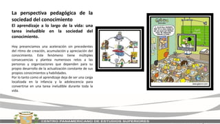 La perspectiva pedagógica de la
sociedad del conocimiento
El aprendizaje a lo largo de la vida: una
tarea ineludible en la sociedad del
conocimiento.
Hoy presenciamos una aceleración sin precedentes
del ritmo de creación, acumulación y apreciación del
conocimiento. Este fenómeno tiene múltiples
consecuencias y plantea numerosos retos a las
personas y organizaciones que dependen para su
propio desarrollo de la actualización constante de sus
propios conocimientos y habilidades.
Por lo tanto como el aprendizaje deja de ser una carga
localizada en la infancia y la adolescencia para
convertirse en una tarea ineludible durante toda la
vida.
 