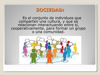 SOCIEDAD:SOCIEDAD:
Es el conjunto de individuos que
comparten una cultura, y que se
relacionan interactuando entre sí,
cooperativamente, para formar un grupo
o una comunidad.
 