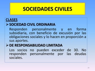 SOCIEDADES CIVILES
CLASES
 SOCIEDAD CIVIL ORDINARIA
  Responden personalmente y en forma
  subsidiaria, con beneficio de excusión por las
  obligaciones sociales y lo hacen en proporción a
  sus aportes.
 DE RESPONSABILIDAD LIMITADA
  Los socios no pueden exceder de 30. No
  responden personalmente por las deudas
  sociales.

                                                     20
 