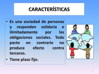 CARACTERÍSTICAS

• Es una sociedad de personas
  y responden solidaria e
  ilimitadamente      por    las
  obligaciones sociales. Todo
  pacto en contrario no
  produce      efecto     contra
  terceros.
• Tiene plazo fijo.

                                   3
 
