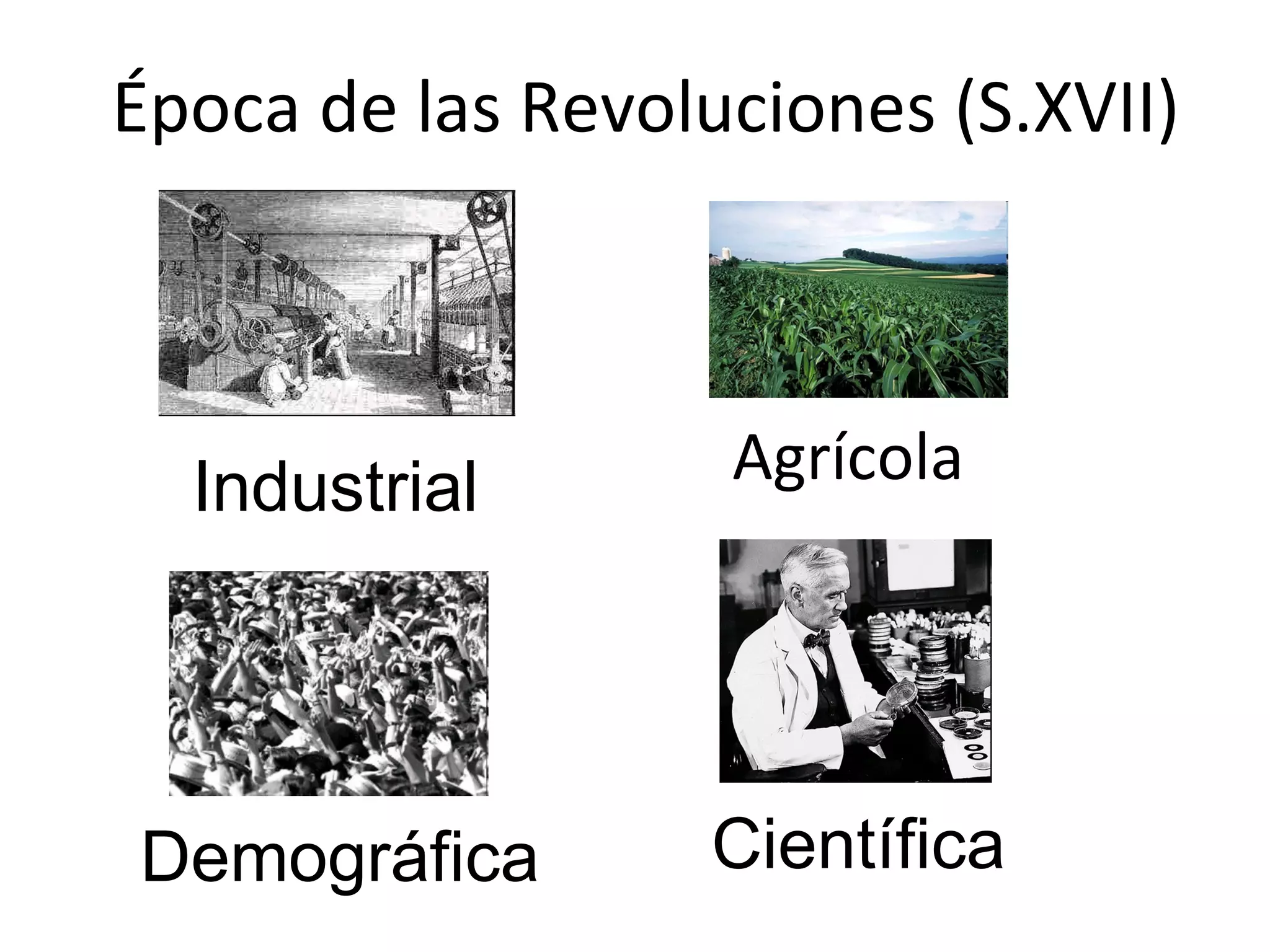 Época de las Revoluciones (S.XVII)



  Industrial       Agrícola




Demográfica        Científica
 