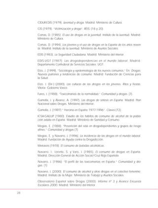 28
CIDUR-EDIS (1979). Juventud y droga. Madrid: Ministerio de Cultura.
CIS (1979). “Victimización y droga”. REIS, (18 y 20).
Comas, D. (1985). El uso de drogas en la juventud. Instituto de la Juventud. Madrid:
Ministerio de Cultura.
Comas, D. (1994). Los jóvenes y el uso de drogas en la España de los años noven-
ta. Madrid: Instituto de la Juventud. Ministerio de Asuntos Sociales.
EDIS (1983). La Seguridad Ciudadana. Madrid: Ministerio del Interior.
EDIS-UGT (1987). Las drogodependencias en el mundo laboral. Madrid.
Departamento Confederal de Servicios Sociales. UGT.
Elzo, J. (1999). “Sociología y epidemiología de los nuevos consumos.” En: Drogas:
Nuevos patrones y tendencias de consumo. Madrid: Fundación de Ciencias para
la Salud.
Elzo, J. (Dir.) (2000). Las culturas de las drogas en los jóvenes. Ritos y fiestas.
Vitoria: Gobierno Vasco.
Funes, J. (1988). “Toxicomanías de la normalidad.” Comunidad y drogas. (7).
Gamella, J. y Álvarez, A. (1997). Las drogas de síntesis en España. Madrid: Plan
Nacional sobre Drogas. Ministerio del Interior.
Gamella, J. (1997).” Heroína en España 1977-1996”. Claves (72).
ICSA-GALLUP (1980). Estudio de los hábitos de consumo de alcohol de la pobla-
ción adulta en España. Madrid: Ministerio de Sanidad y Consumo.
Megías, E. (1988). “Prevención del sida en drogodependientes y grupos de riesgo
afines.” Comunidad y drogas (7)
Megías, E. y Navarro, J. (1996). La incidencia de las drogas en el mundo laboral.
Madrid: Fundación de Ayuda contra la Drogadicción.
Metraseis (1978). El consumo de bebidas alcohólicas.
Navarro, J.; Lorente, S. y Varo, J. (1985). El consumo de drogas en España.
Madrid: Dirección General de Acción Social/Cruz Roja Española.
Navarro, J. (1986). “El perfil de las toxicomanías en España.” Comunidad y dro-
gas. (1)
Navarro, J. (2000). El consumo de alcohol y otras drogas en el colectivo femenino.
Madrid: Instituto de la Mujer. Ministerio de Trabajo y Asuntos Sociales.
Observatorio Español sobre Drogas (2000). Informe nº 3 y Avance Encuesta
Escolares 2000. Madrid: Ministerio del Interior.
 