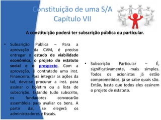 Constituição de uma S/A
Capítulo VII
• Subscrição Particular – É,
significativamente, mais simples.
Todos os acionistas já estão
comprometidos, já se sabe quais são.
Então, basta que todos eles assinem
o projeto de estatuto.
A constituição poderá ter subscrição pública ou particular.
• Subscrição Pública – Para a
aprovação da CVM, é preciso
entregar o estudo de viabilidade
econômica, o projeto do estatuto
social e o prospecto. Com a
aprovação, é contratado uma inst.
Financeira. Para integrar as ações da
tal, deve-se procurar a inst. para
assinar o boletim ou a lista de
subscrição. Estando tudo subscrito,
os fundadores convocarão
assembleia para avaliar os bens. A
partir daí, se elegerá os
administradores e fiscais.
 