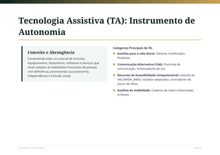 Tecnologia Assistiva (TA): Instrumento de
Autonomia
Conceito e Abrangência
Compreende todo um arsenal de recursos,
equipamentos, dispositivos, softwares e serviços que
visam ampliar as habilidades funcionais de pessoas
com deficiência, promovendo sua autonomia,
independência e inclusão social.
Categorias Principais de TA:
Auxílios para a vida diária: Talheres modificados,
fixadores.
■
Comunicação Alternativa (CAA): Pranchas de
comunicação, sintetizadores de voz.
■
Recursos de Acessibilidade Computacional: Leitores de
tela (NVDA, JAWS), teclados adaptados, acionadores de
piscar de olhos.
■
Auxílios de mobilidade: Cadeiras de rodas motorizadas,
próteses.
■
Sociedade e Acessibilidade Slide 13
 