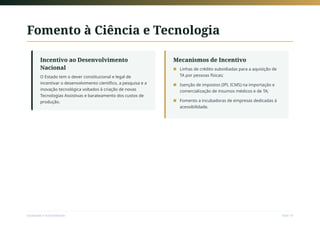Fomento à Ciência e Tecnologia
Incentivo ao Desenvolvimento
Nacional
O Estado tem o dever constitucional e legal de
incentivar o desenvolvimento científico, a pesquisa e a
inovação tecnológica voltados à criação de novas
Tecnologias Assistivas e barateamento dos custos de
produção.
Mecanismos de Incentivo
Linhas de crédito subsidiadas para a aquisição de
TA por pessoas físicas;
■
Isenção de impostos (IPI, ICMS) na importação e
comercialização de insumos médicos e de TA;
■
Fomento a incubadoras de empresas dedicadas à
acessibilidade.
■
Sociedade e Acessibilidade Slide 19
 