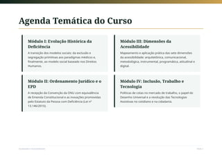Agenda Temática do Curso
Módulo I: Evolução Histórica da
Deficiência
A transição dos modelos sociais: da exclusão e
segregação primitivas aos paradigmas médicos e,
finalmente, ao modelo social baseado nos Direitos
Humanos.
Módulo II: Ordenamento Jurídico e o
EPD
A recepção da Convenção da ONU com equivalência
de Emenda Constitucional e as inovações promovidas
pelo Estatuto da Pessoa com Deficiência (Lei nº
13.146/2015).
Módulo III: Dimensões da
Acessibilidade
Mapeamento e aplicação prática das sete dimensões
da acessibilidade: arquitetônica, comunicacional,
metodológica, instrumental, programática, atitudinal e
digital.
Módulo IV: Inclusão, Trabalho e
Tecnologia
Políticas de cotas no mercado de trabalho, o papel do
Desenho Universal e a revolução das Tecnologias
Assistivas no cotidiano e na cidadania.
Sociedade e Acessibilidade Slide 2
 
