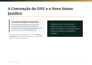 A Convenção da ONU e o Novo Status
Jurídico
Constitucionalidade Constitutiva
A Convenção Internacional sobre os Direitos das
Pessoas com Deficiência (Nova York, 2006) foi o
primeiro tratado internacional aprovado no Brasil com
o rito do Art. 5º, § 3º da Constituição Federal.
Isso significa que a Convenção possui status de Emenda
Constitucional, servindo de base para todo o ordenamento
jurídico nacional contemporâneo.
"A deficiência não é uma característica
intrínseca da pessoa, mas o resultado da
barreira que impede a sua participação plena
e efetiva na sociedade em igualdade de
condições."
Sociedade e Acessibilidade Slide 4
 