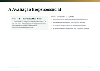 A Avaliação Biopsicossocial
Fim do Laudo Médico Monolítico
A partir do EPD, a comprovação da deficiência deixa de
ser uma mera análise clínica realizada exclusivamente
por um médico. Exige-se uma avaliação
multiprofissional e interdisciplinar.
Fatores Considerados na Avaliação:
Os impedimentos nas funções e nas estruturas do corpo;
■
Os fatores socioambientais, psicológicos e pessoais;
■
A limitação no desempenho de atividades cotidianas;
■
A restrição de participação social que o indivíduo enfrenta.
■
Sociedade e Acessibilidade Slide 6
 