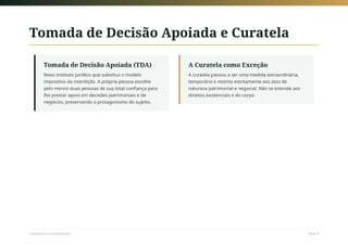 Tomada de Decisão Apoiada e Curatela
Tomada de Decisão Apoiada (TDA)
Novo instituto jurídico que substitui o modelo
impositivo da interdição. A própria pessoa escolhe
pelo menos duas pessoas de sua total confiança para
lhe prestar apoio em decisões patrimoniais e de
negócios, preservando o protagonismo do sujeito.
A Curatela como Exceção
A curatela passou a ser uma medida extraordinária,
temporária e restrita estritamente aos atos de
natureza patrimonial e negocial. Não se estende aos
direitos existenciais e do corpo.
Sociedade e Acessibilidade Slide 8
 