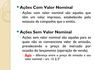 Ações Com Valor Nominal
◦ Ações com valor nominal são aquelas que
têm um valor impresso, estabelecido pelo
estatuto da companhia que a emitiu.
Ações Sem Valor Nominal
◦ Ações sem valor nominal são aquelas para as
quais não se convenciona valor de emissão,
prevalecendo o preço de mercado por
ocasião do lançamento (operação de venda).
 Ágio – diferença entre o preço de emissão e seu
valor nominal – art. 13, § 2º
 