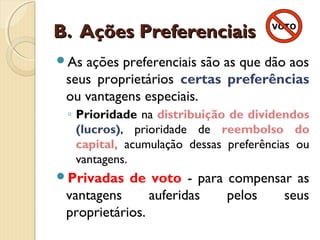 B.B. Ações PreferenciaisAções Preferenciais
As ações preferenciais são as que dão aos
seus proprietários certas preferências
ou vantagens especiais.
◦ Prioridade na distribuição de dividendos
(lucros), prioridade de reembolso do
capital, acumulação dessas preferências ou
vantagens.
Privadas de voto - para compensar as
vantagens auferidas pelos seus
proprietários.
 