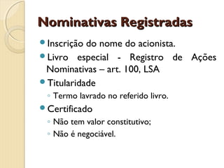 Nominativas RegistradasNominativas Registradas
Inscrição do nome do acionista.
Livro especial - Registro de Ações
Nominativas – art. 100, LSA
Titularidade
◦ Termo lavrado no referido livro.
Certificado
◦ Não tem valor constitutivo;
◦ Não é negociável.
 