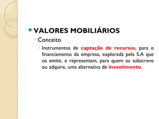 VALORES MOBILIÁRIOS
◦ Conceito
 Instrumentos de captação de recursos, para o
financiamento da empresa, explorada pela S.A que
os emite, e representam, para quem os subscreve
ou adquire, uma alternativa de investimento.
 