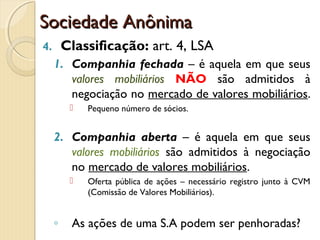 Sociedade AnônimaSociedade Anônima
4. Classificação: art. 4, LSA
1. Companhia fechada – é aquela em que seus
valores mobiliários NÃO são admitidos à
negociação no mercado de valores mobiliários.
 Pequeno número de sócios.
2. Companhia aberta – é aquela em que seus
valores mobiliários são admitidos à negociação
no mercado de valores mobiliários.
 Oferta pública de ações – necessário registro junto à CVM
(Comissão de Valores Mobiliários).
◦ As ações de uma S.A podem ser penhoradas?
 