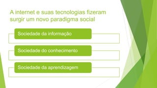 A internet e suas tecnologias fizeram
surgir um novo paradigma social
Sociedade da informação
Sociedade do conhecimento
Sociedade da aprendizagem
 