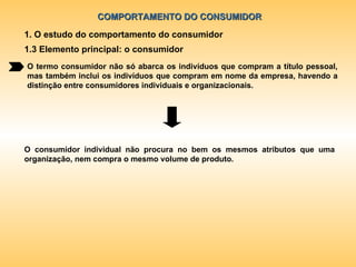 COMPORTAMENTO DO CONSUMIDOR 1. O estudo do comportamento do consumidor 1.3 Elemento principal: o consumidor O termo consumidor não só abarca os indivíduos que compram a título pessoal, mas também inclui os indivíduos que compram em nome da empresa, havendo a distinção entre consumidores individuais e organizacionais. O consumidor individual não procura no bem os mesmos atributos que uma organização, nem compra o mesmo volume de produto. 
