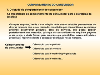 COMPORTAMENTO DO CONSUMIDOR 1. O estudo do comportamento do consumidor 1.5 Importância do comportamento do consumidor para a estratégia da empresa Qualquer empresa, desde a sua criação tenta manter relações permanentes de diversa natureza com o seu mercado, constituído por consumidores. A empresa pretende desenvolver produtos, bens ou serviços, que possa colocar posteriormente nos mercados, para que os consumidores os adquiram, paguem o seu preço, e desta forma, gerar recursos que possibilitem novas actividades produtivas, repetir o circuito e conseguir sobreviver nesse mercado.  Comportamento do consumidor Orientação para o produto Orientação para as vendas Orientação para o marketing-organização Orientação para o mercado... 