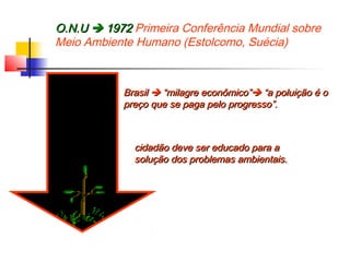 O.N.UO.N.U  19721972 Primeira Conferência Mundial sobre
Meio Ambiente Humano (Estolcomo, Suécia)
BrasilBrasil  “milagre econômico”“milagre econômico” “a poluição é o“a poluição é o
preço que se paga pelo progresso”.preço que se paga pelo progresso”.
cidadão deve ser educado para acidadão deve ser educado para a
solução dos problemas ambientais.solução dos problemas ambientais.
 