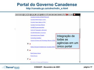 Portal do Governo Canadense
    http://canada.gc.ca/cdns/indiv_e.html




                    PERSONALIZAÇÃO !!!!




                                 Integração de
                                 todas as
                                 agências em um
                                 único portal




           CONGEP - Novembro de 2001              página 17
 
