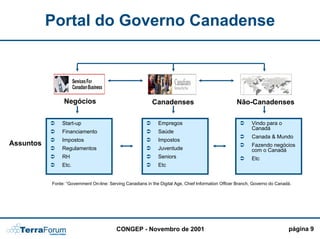 Portal do Governo Canadense



                Negócios                                    Canadenses                                Não-Canadenses

                Start-up                                       Empregos                                      Vindo para o
                                                                                                             Canadá
                Financiamento                                  Saúde
                                                                                                             Canada & Mundo
                Impostos                                       Impostos
Assuntos                                                                                                     Fazendo negócios
                Regulamentos                                   Juventude                                     com o Canadá
                RH                                             Seniors                                       Etc
                Etc.                                           Etc


           Fonte: “Government On-line: Serving Canadians in the Digital Age, Chief Information Officer Branch, Governo do Canadá.




                                          CONGEP - Novembro de 2001                                                            página 9
 