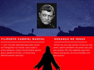 HERANÇA DE JESUS
"(...)um mundo abandonado pelo amor,
vai mergulhar na morte; mas onde o
amor perdura, onde triunfa sobre aquilo
que o poderia aviltar, a morte está
definitivamen vencida."
FILÓSOFO GABRIEL MARCEL
"Amai-vos uns aos outros. Como eu vos
amei, assim também vós amai-vos uns
aos outros. Por isto saberão que sois
meus discípulos, se vos amardes uns
aos outros."
 