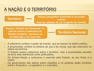 A NAÇÃO E O TERRITÓRIO
                                Espaço geográfico submetido a um poder
     Território                                  central.
                               Área de validade de um conjunto de normas.

    Espaço, limitado por fronteiras, no
      qual se exerce a soberania do
      Estado brasileiro, expressa na
                                                 Território Nacional
       Constituição e em suas leis.

    A soberania confere o poder de mando, que se exerce na esfera política.
    A propriedade confere os direitos de uso e de venda, que são exercidos na
     esfera econômica.
    O Estado exerce soberania sobre o território, mas a propriedade parcelar
     da terra está distribuída entre particulares.
    No Estado-Nação a soberania é exercida pelo Estado, as seu titular é a
     nação.
    Os governantes são eleitos pelos cidadãos e os poderes estão divididos
     entre o Executivo, o Legislativo e o Judiciário.
 