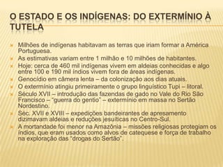O ESTADO E OS INDÍGENAS: DO EXTERMÍNIO À
TUTELA
   Milhões de indígenas habitavam as terras que iriam formar a América
    Portuguesa.
   As estimativas variam entre 1 milhão e 10 milhões de habitantes.
   Hoje: cerca de 460 mil indígenas vivem em aldeias conhecidas e algo
    entre 100 e 190 mil índios vivem fora de áreas indígenas.
   Genocídio em câmera lenta – da colonização aos dias atuais.
   O extermínio atingiu primeiramente o grupo linguístico Tupi – litoral.
   Século XVII – introdução das fazendas de gado no Vale do Rio São
    Francisco – “guerra do gentio” – extermínio em massa no Sertão
    Nordestino.
   Séc. XVII e XVIII – expedições bandeirantes de apresamento
    dizimavam aldeias e reduções jesuíticas no Centro-Sul.
   A mortandade foi menor na Amazônia – missões religiosas protegiam os
    índios, que eram usados como alvos de catequese e força de trabalho
    na exploração das “drogas do Sertão”.
 