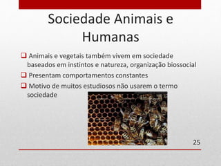 Sociedade Animais e 
Humanas 
 Animais e vegetais também vivem em sociedade 
baseados em instintos e natureza, organização biossocial 
 Presentam comportamentos constantes 
 Motivo de muitos estudiosos não usarem o termo 
sociedade 
25 
 