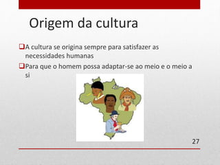 Origem da cultura 
A cultura se origina sempre para satisfazer as 
necessidades humanas 
Para que o homem possa adaptar-se ao meio e o meio a 
si 
27 
 
