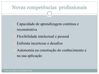 Novas competências profissionais


            Capacidade de aprendizagem contínua e
                reconstrutiva
            Flexibilidade intelectual e pessoal

            Enfrenta incertezas e desafios

            Autonomia na construção do conhecimento e
                na sua aplicação


Profa Dra. Maria de los Dolores J Peña
 