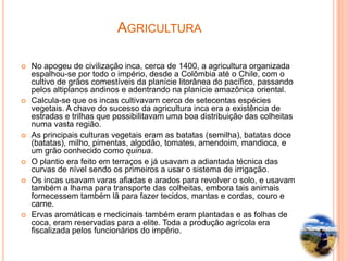 AGRICULTURA

   No apogeu de civilização inca, cerca de 1400, a agricultura organizada
    espalhou-se por todo o império, desde a Colômbia até o Chile, com o
    cultivo de grãos comestíveis da planície litorânea do pacífico, passando
    pelos altiplanos andinos e adentrando na planície amazônica oriental.
   Calcula-se que os incas cultivavam cerca de setecentas espécies
    vegetais. A chave do sucesso da agricultura inca era a existência de
    estradas e trilhas que possibilitavam uma boa distribuição das colheitas
    numa vasta região.
   As principais culturas vegetais eram as batatas (semilha), batatas doce
    (batatas), milho, pimentas, algodão, tomates, amendoim, mandioca, e
    um grão conhecido como quinua.
   O plantio era feito em terraços e já usavam a adiantada técnica das
    curvas de nível sendo os primeiros a usar o sistema de irrigação.
   Os incas usavam varas afiadas e arados para revolver o solo, e usavam
    também a lhama para transporte das colheitas, embora tais animais
    fornecessem também lã para fazer tecidos, mantas e cordas, couro e
    carne.
   Ervas aromáticas e medicinais também eram plantadas e as folhas de
    coca, eram reservadas para a elite. Toda a produção agrícola era
    fiscalizada pelos funcionários do império.
 