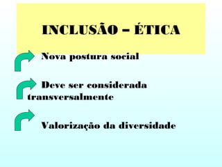 INCLUSÃO – ÉTICA
Nova postura social
Deve ser considerada
transversalmente
Valorização da diversidade
 