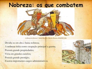Nobreza: os que combatem




                   In Rumos da História 7, Aníbal Barreira e Mendes Moreira, EDIÇÕES ASA


Dividia-se em alta e baixa nobreza;
A nobreza tinha como ocupação principal a guerra;
Possuía grande propriedades;
Vivia em grandes castelos;
Possuía grande prestígio;
Exercia importantes cargos administrativos.
 