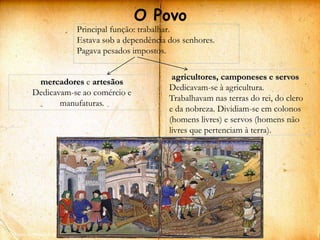 O Povo
                                 Principal função: trabalhar.
                                 Estava sob a dependência dos senhores.
                                 Pagava pesados impostos.
                                 .
                                                                         agricultores, camponeses e servos
            mercadores e artesãos
                                                                        Dedicavam-se à agricultura.
           Dedicavam-se ao comércio e
                                                                        Trabalhavam nas terras do rei, do clero
                  manufaturas.
                                                                        e da nobreza. Dividiam-se em colonos
                                                                        (homens livres) e servos (homens não
                                                                        livres que pertenciam à terra).




In Sinais da História7, Aníbal Barreira e Mendes Moreira, EDIÇÕES ASA
 