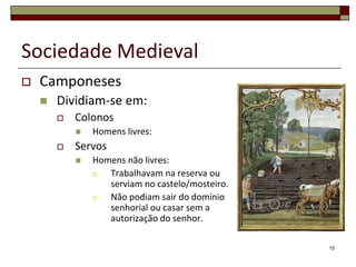 Sociedade Medieval
   Camponeses
       Dividiam-se em:
           Colonos
               Homens livres:
           Servos
               Homens não livres:
                  Trabalhavam na reserva ou
                   serviam no castelo/mosteiro.
                  Não podiam sair do domínio
                   senhorial ou casar sem a
                   autorização do senhor.

                                                  15
 