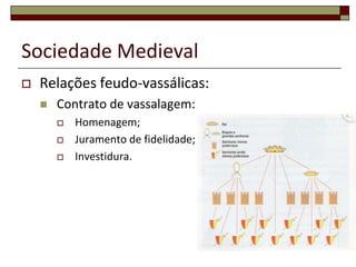 Sociedade Medieval
   Relações feudo-vassálicas:
       Contrato de vassalagem:
           Homenagem;
           Juramento de fidelidade;
           Investidura.




                                       19
 