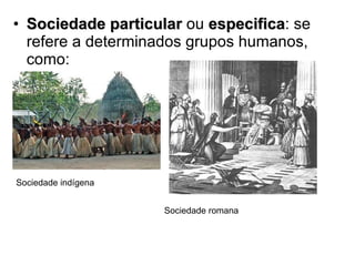 Sociedade particular  ou  especifica : se refere a determinados grupos humanos, como: Sociedade indígena Sociedade romana  
