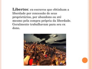 Libertos: ex-escravos que obtinham a
liberdade por concessão de seus
proprietários, por abandono ou até
mesmo pela compra própria da liberdade.
Geralmente trabalhavam para seu ex
dono.
 