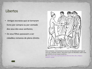 • Antigos escravos que se tornaram
livres por compra ou por vontade

dos seus dos seus senhores;
• Os seus filhos passavam a ser
cidadãos romanos de pleno direito.

Nesta cerimónia (manumissio) os escravos são libertados pelo toque de
uma vara chamada vindicta. Têm posto o gorro da liberdade, usado como
seu símbolo até aos tempos modernos.
IN: http://historylib.org/historybooks/Drevniy-Rim--Byt--religiya-kultura/_33.png

 